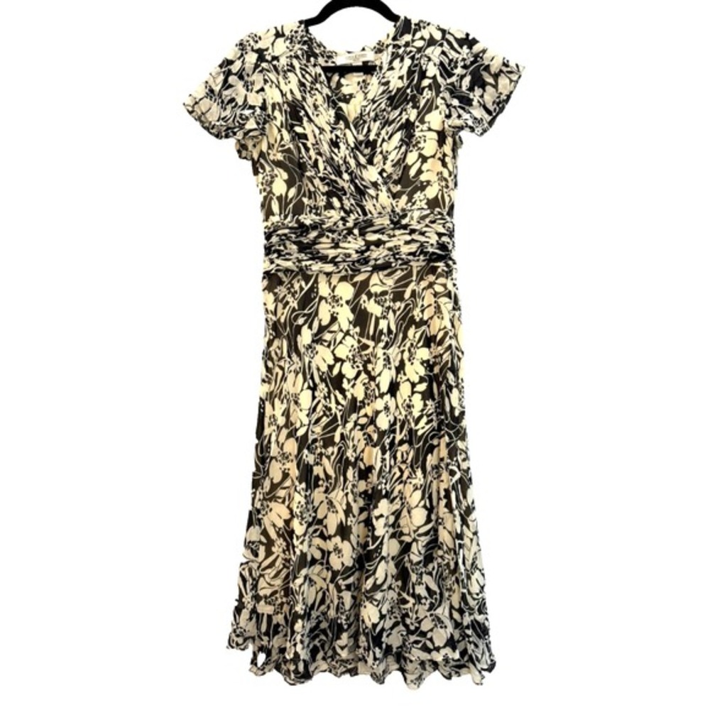 Forth & Towne Prize 100% Silk Ruched‎ Waist Black Cream Floral Midi Dress Sz 6